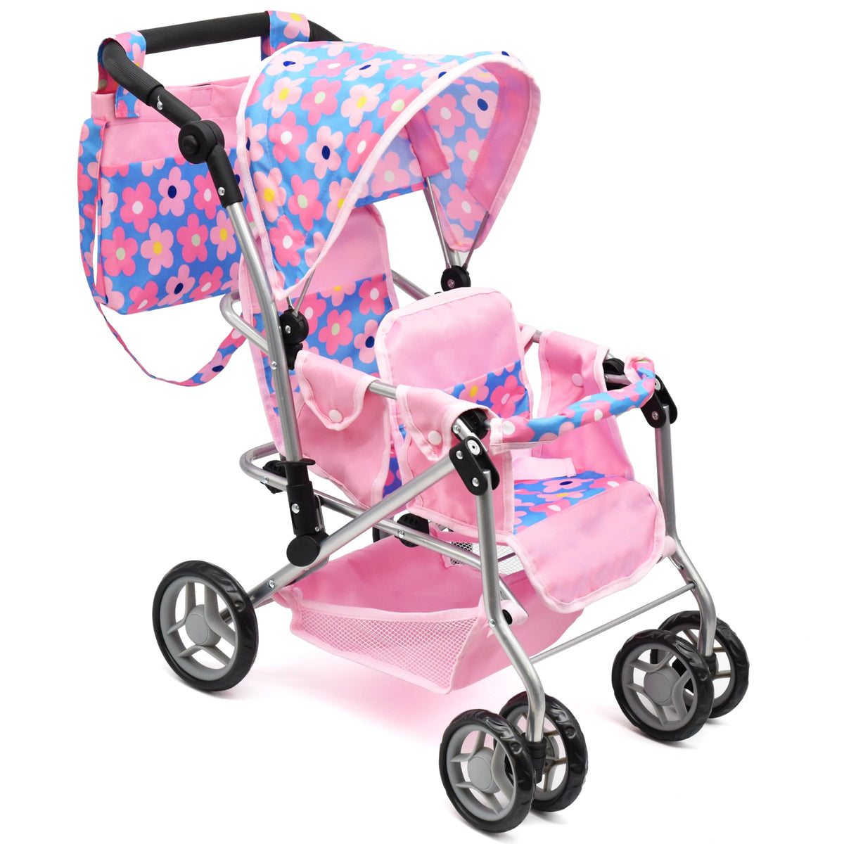 Dolls To Play baby doll double stroller with 27-inch handle for easy push and pretend play.