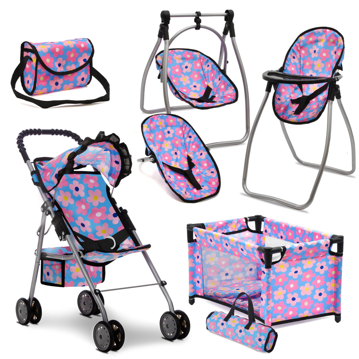 Dolls To Play baby doll stroller blue floral in motion for pretend outings
