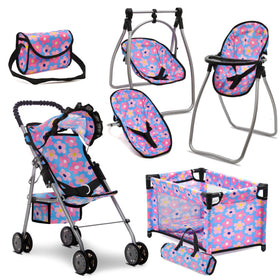 Dolls To Play baby doll stroller blue floral in motion for pretend outings