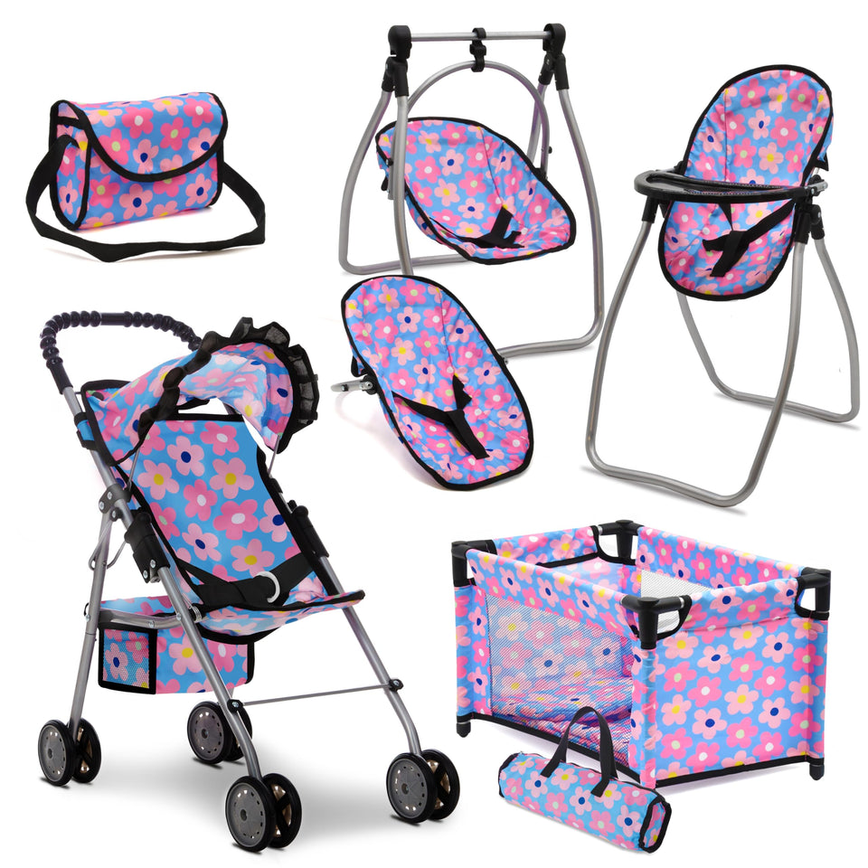 Dolls To Play baby doll stroller blue floral in motion for pretend outings