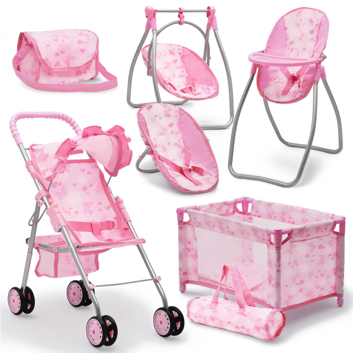 Dolls To Play baby doll stroller with safety straps for realistic pretend play.