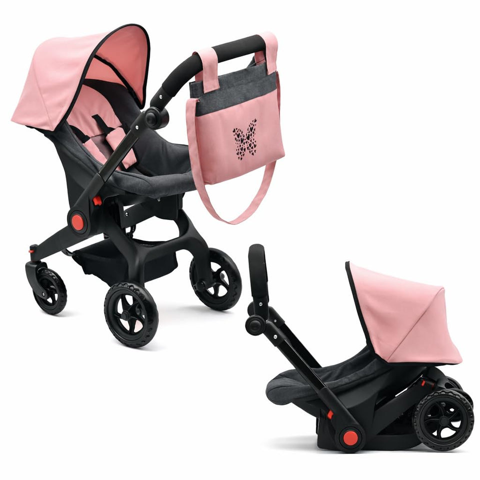 Dolls To Play baby doll travel stroller in pink and grey for versatile indoor outdoor play
