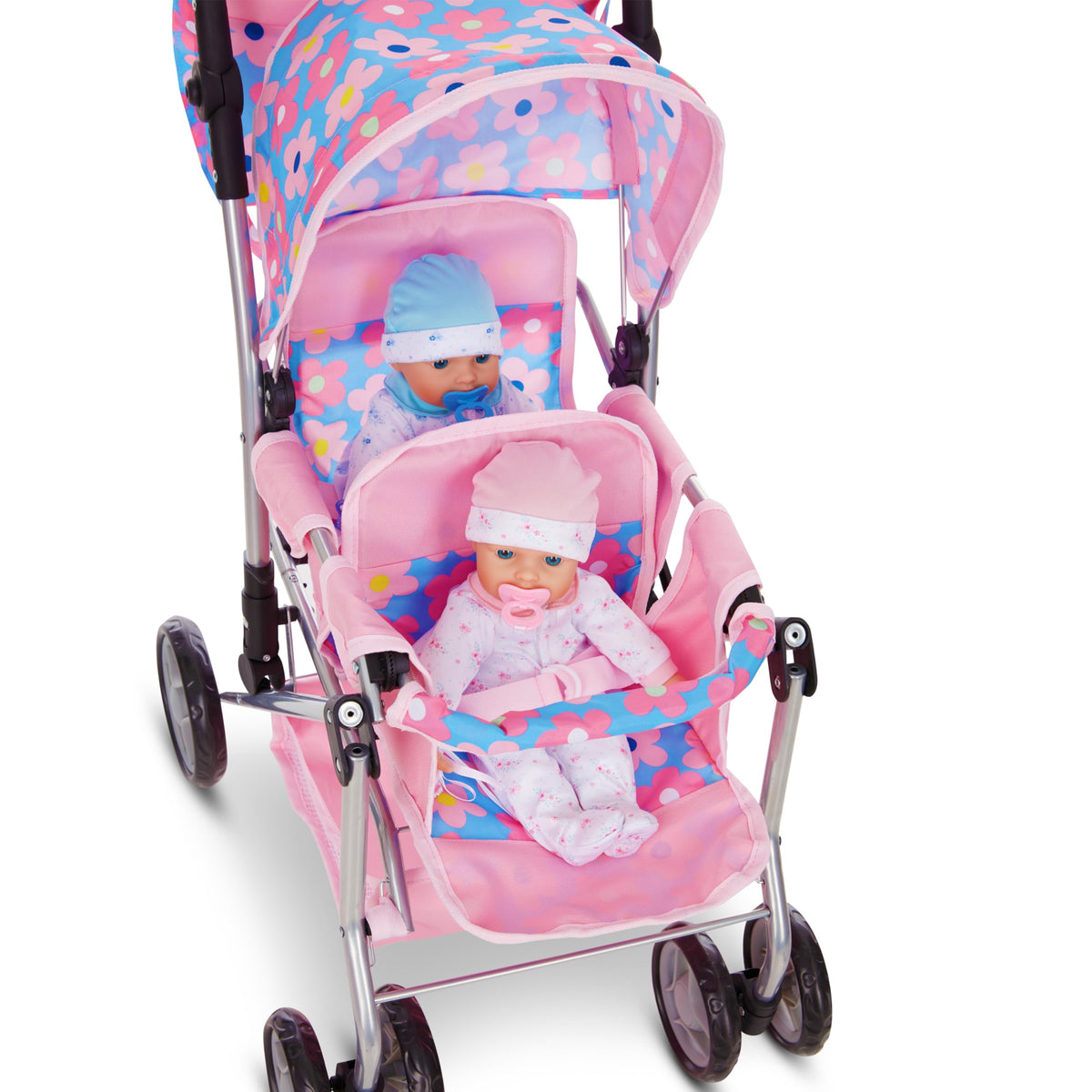 Dolls To Play blue floral diaper bag complements the stroller and keeps essentials organized.