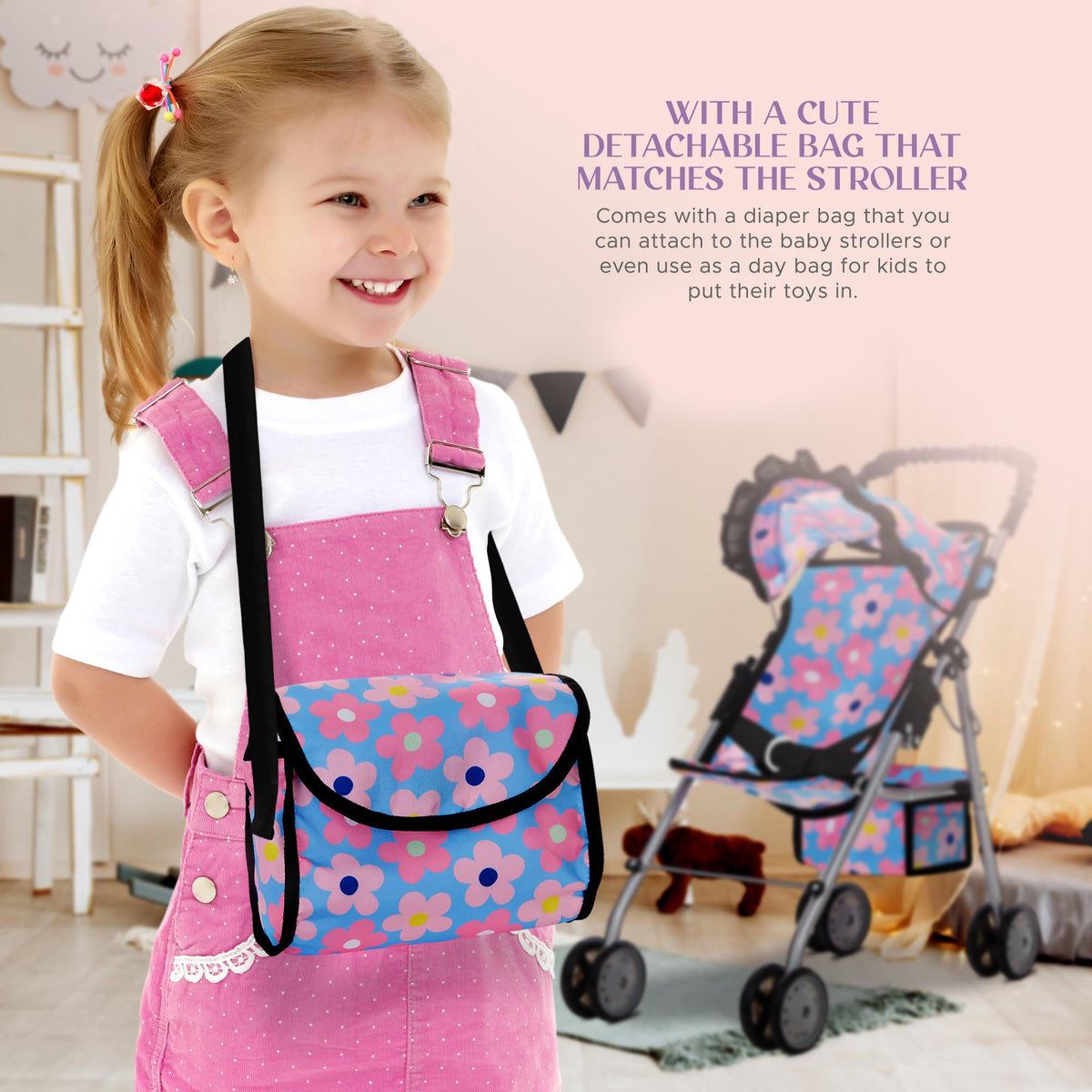 Dolls To Play Doll Stroller Blue Canopy Retractable for realistic pretend play