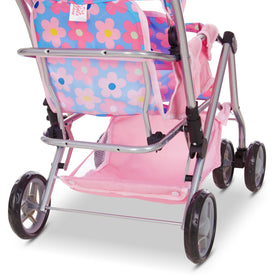 Dolls To Play double stroller with retractable canopy for sun protection and realistic pretend sessions.