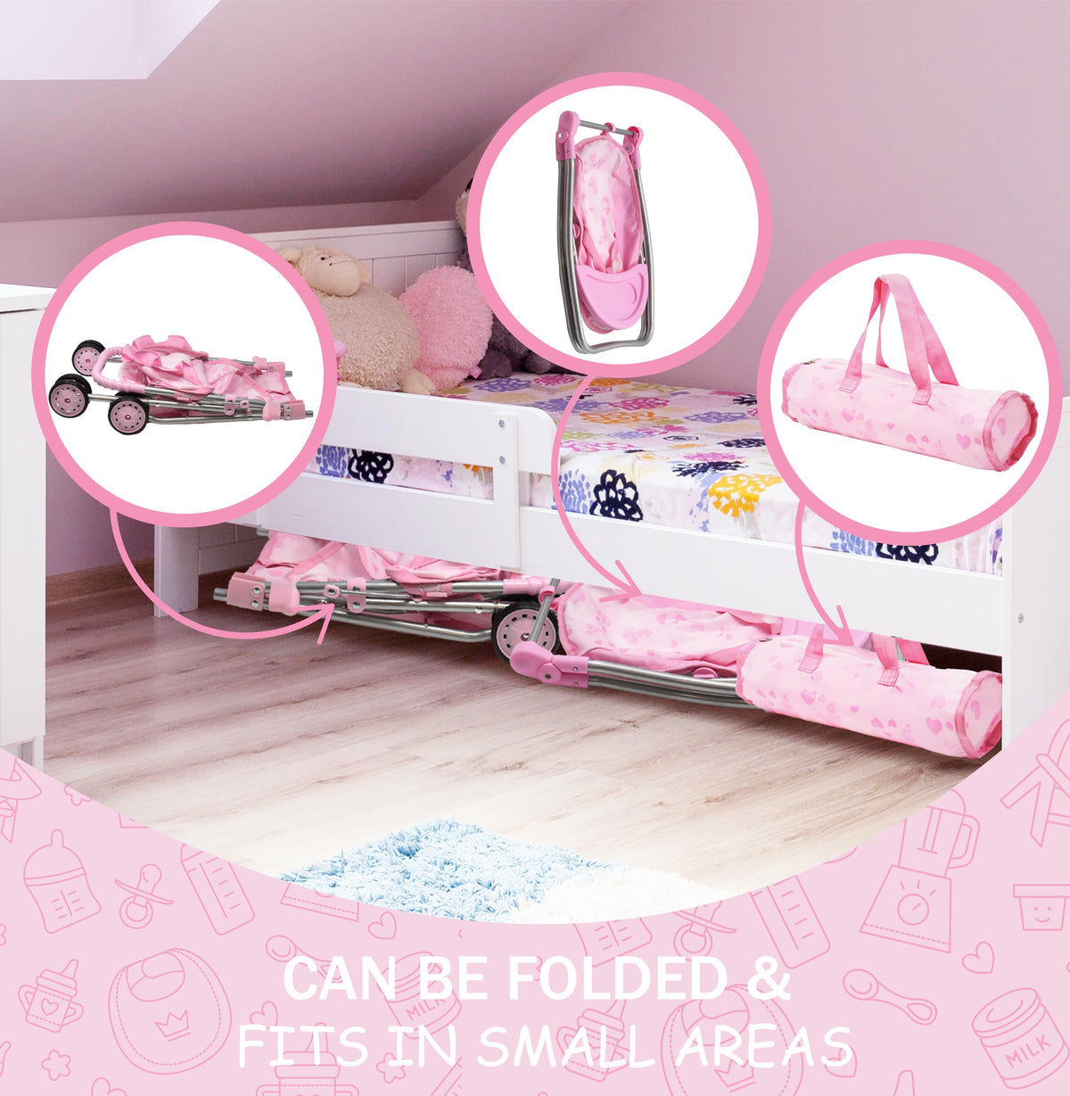 Dolls To Play floral pattern detail adds charming nursery style.