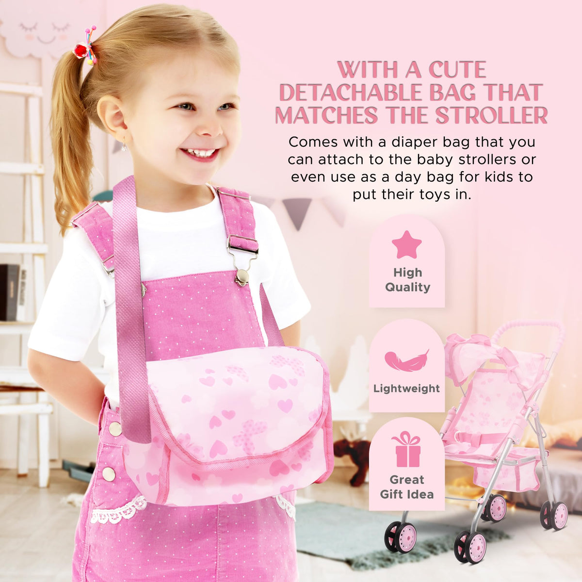Dolls To Play stroller canopy extended for shade during imaginative playtime