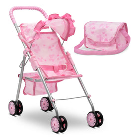 Dolls To Play My First Baby Doll Stroller pink front view with canopy