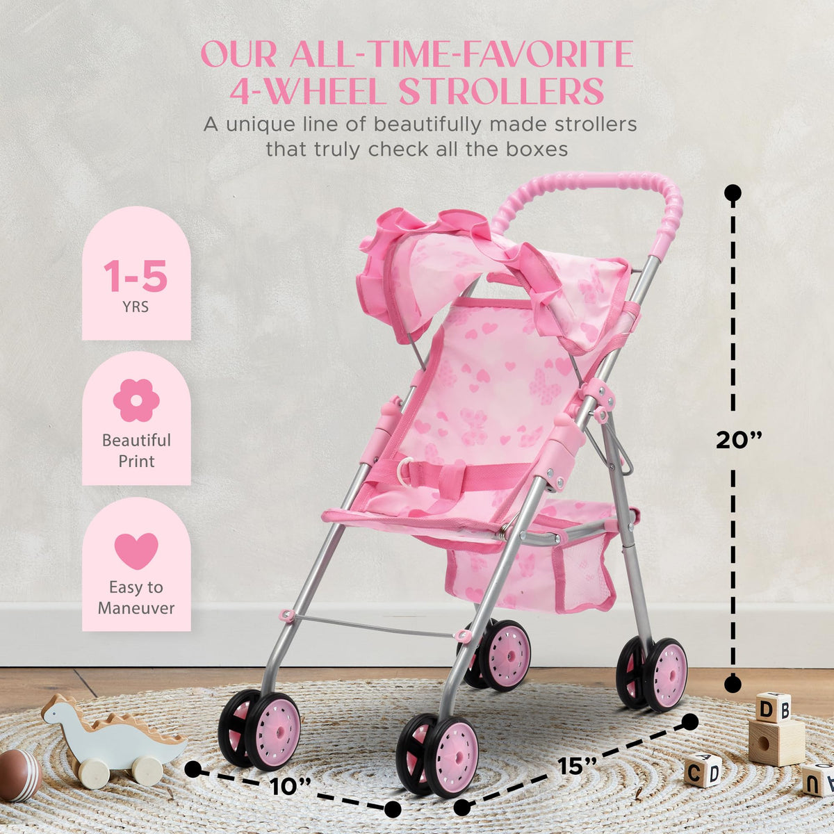 Dolls To Play pink stroller rear wheels for smooth indoor outdoor play