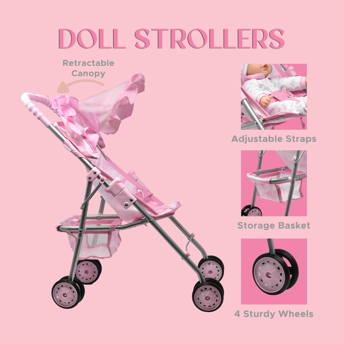 Dolls To Play pink storage basket keeps doll accessories organized on the go