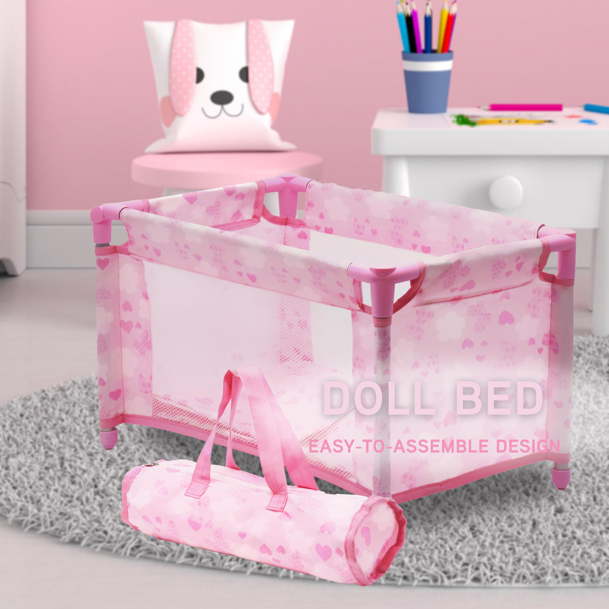 Dolls To Play storage basket supports tidy toy organization.
