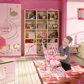 Dolls To Play stroller doubles as a walker for toddler steps.