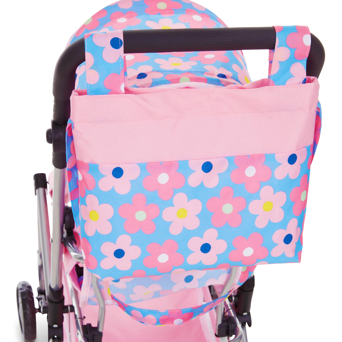 Dolls To Play twin buggy with rotating wheels for smooth maneuvering during playtime.