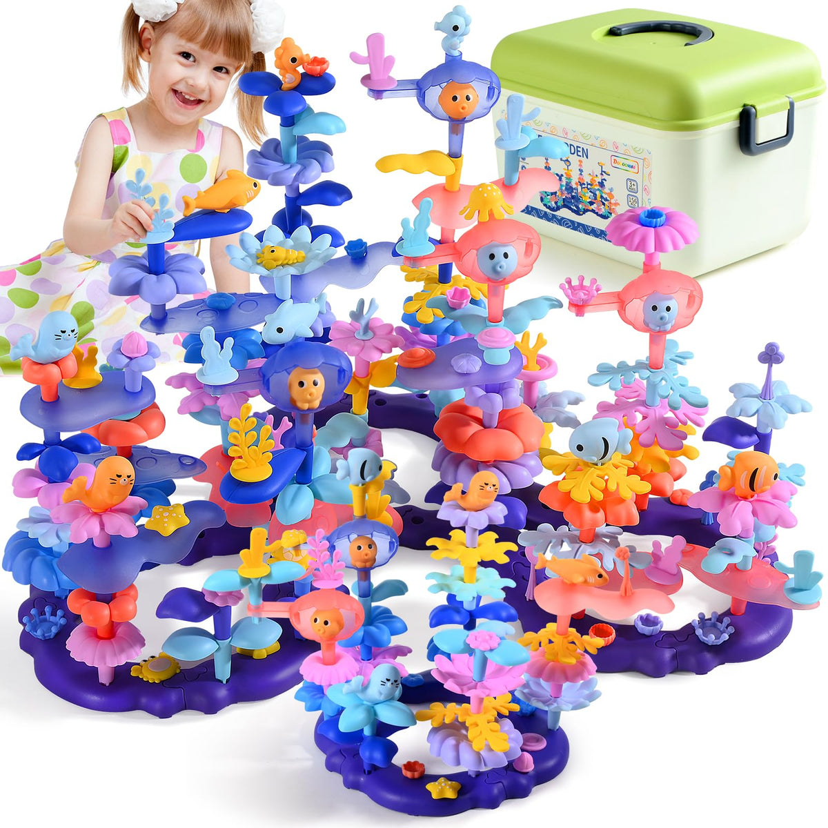 Doloowee 156pcs marine coral flowers for imaginative ocean play and learning.