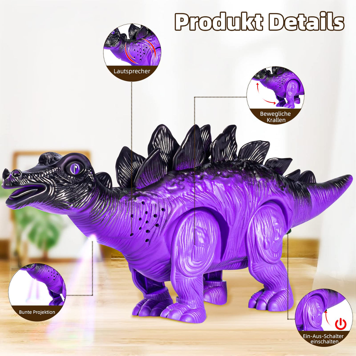 Doloowee LED lights enhance the walking dinosaur toy visuals