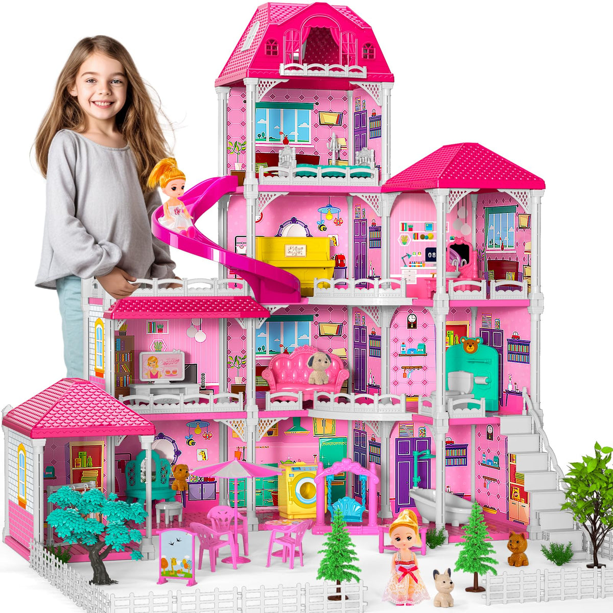 Doloowee Dolls House exterior shows a four-story design for imaginative play.