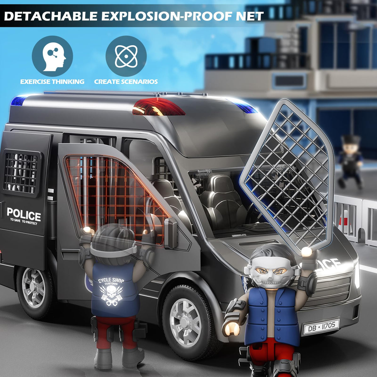 Doloowee Police Car Toy Truck interior view highlights accessory storage.