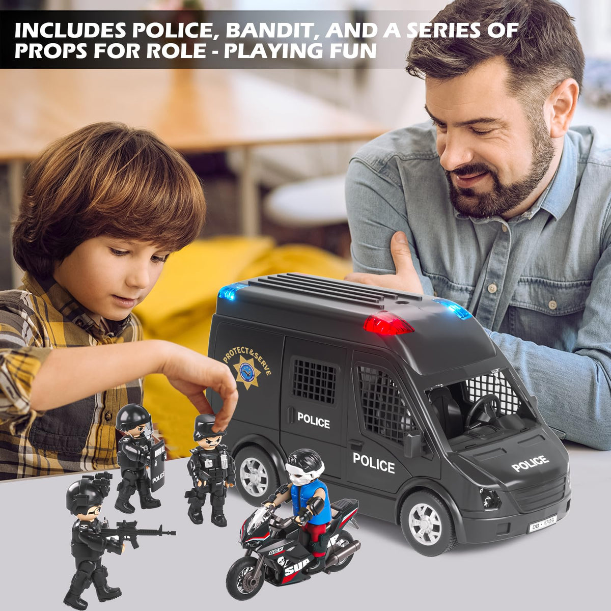Doloowee Police Car Toy Truck motorcycle and gear expand action scenes.