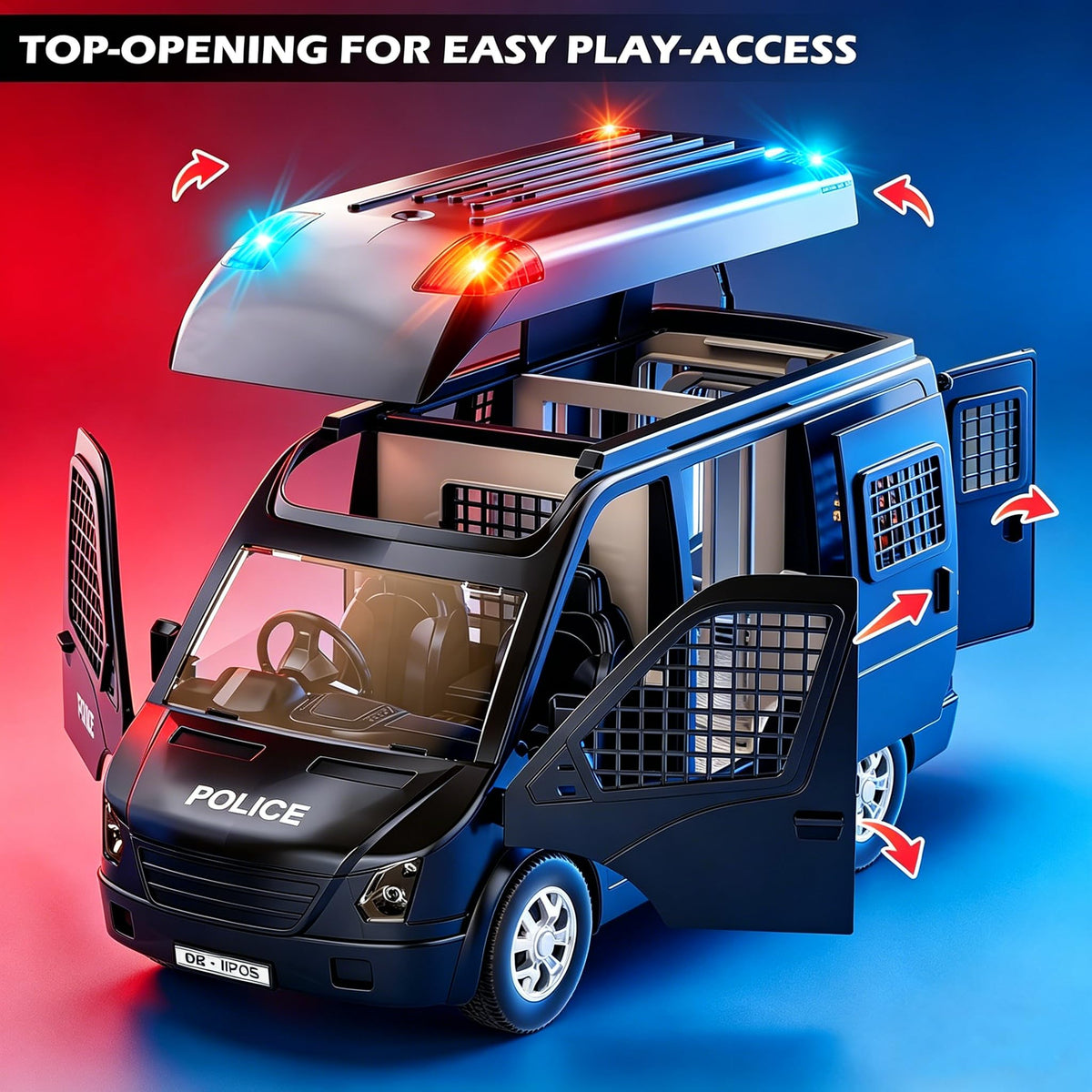 Doloowee Police Car Toy Truck side view showcasing spacious play space.