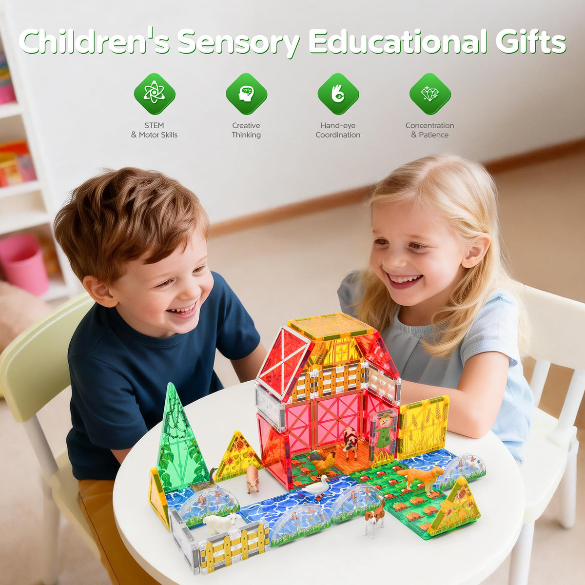 Dolph Hug Farm Tiles Montessori and STEM inspired building aids problem solving.