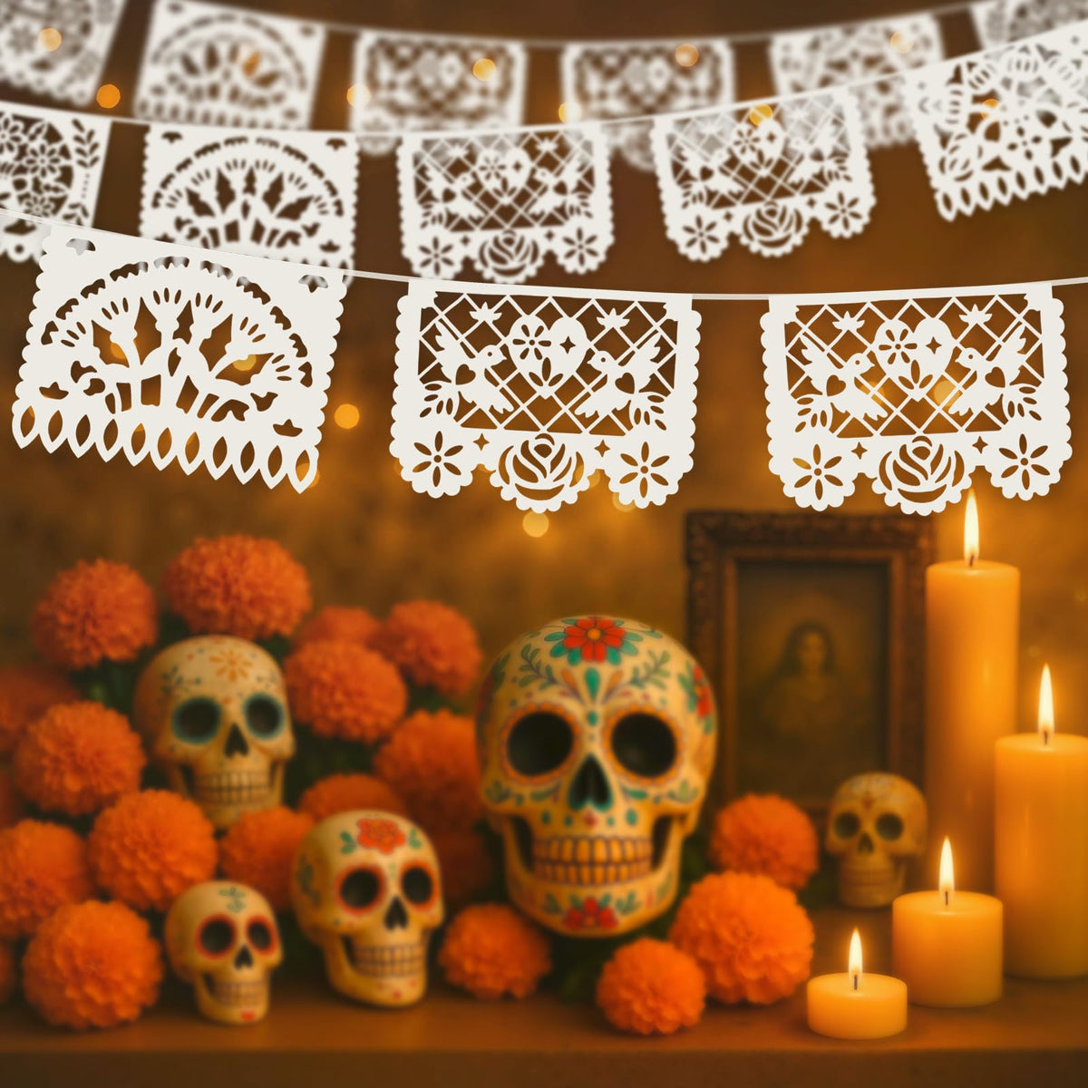 DomeStar banner featuring flowers and birds for vibrant Día de los Muertos ambiance.