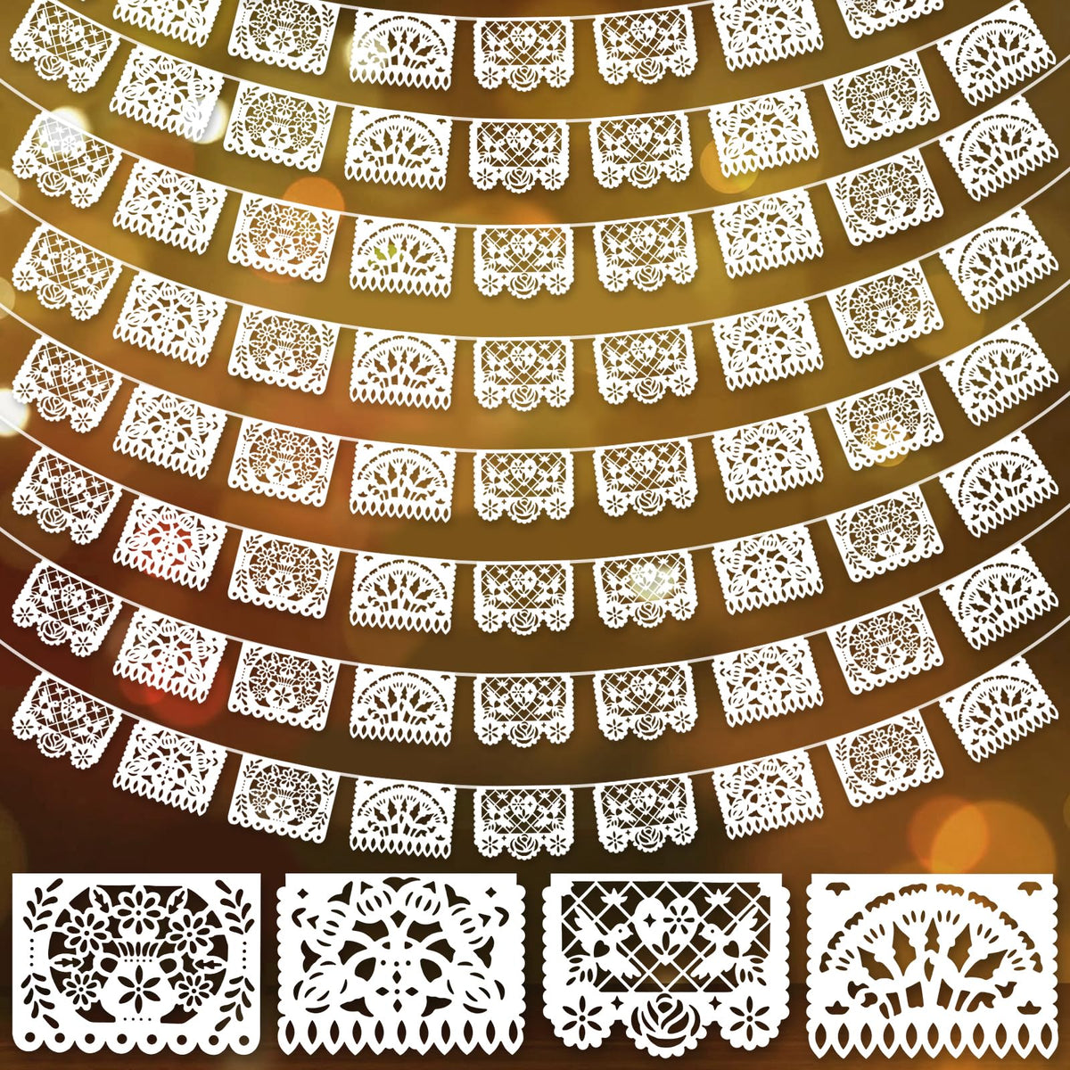 DomeStar white papel picado banner with heart cutouts for elegant all-white fiesta decor.