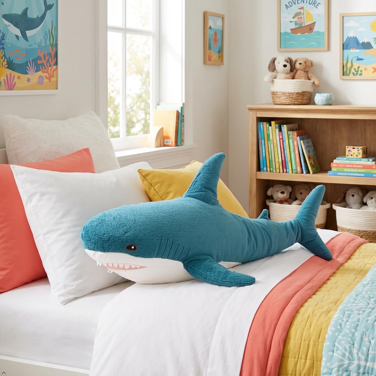 Child hugging the DongAi shark pillow during bedtime for comfort
