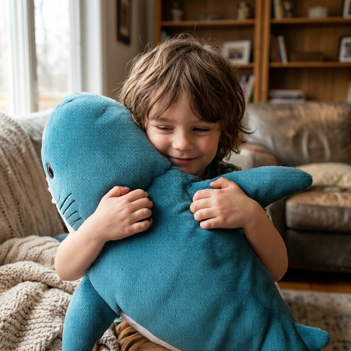 Side view of the DongAi 39.4-inch blue shark plush showing its generous resting size