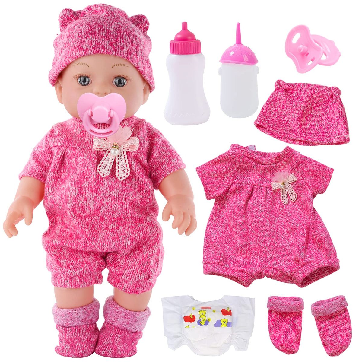 DONTNO 12 inch baby doll with clothes close-up, ideal for imaginative pretend play.