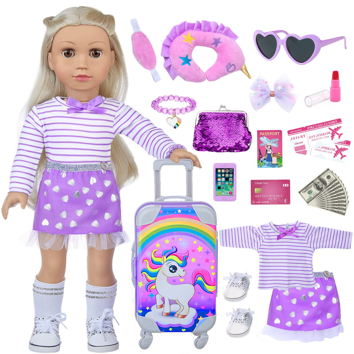 DONTNO 29 Pcs travel set for 18-inch dolls, vibrant and ready for imaginative play