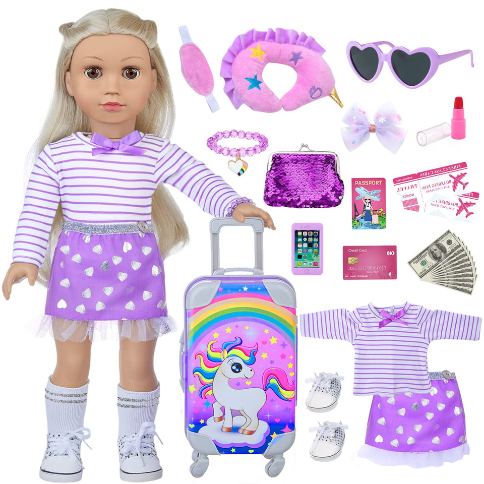DONTNO 29 Pcs travel set for 18-inch dolls, vibrant and ready for imaginative play