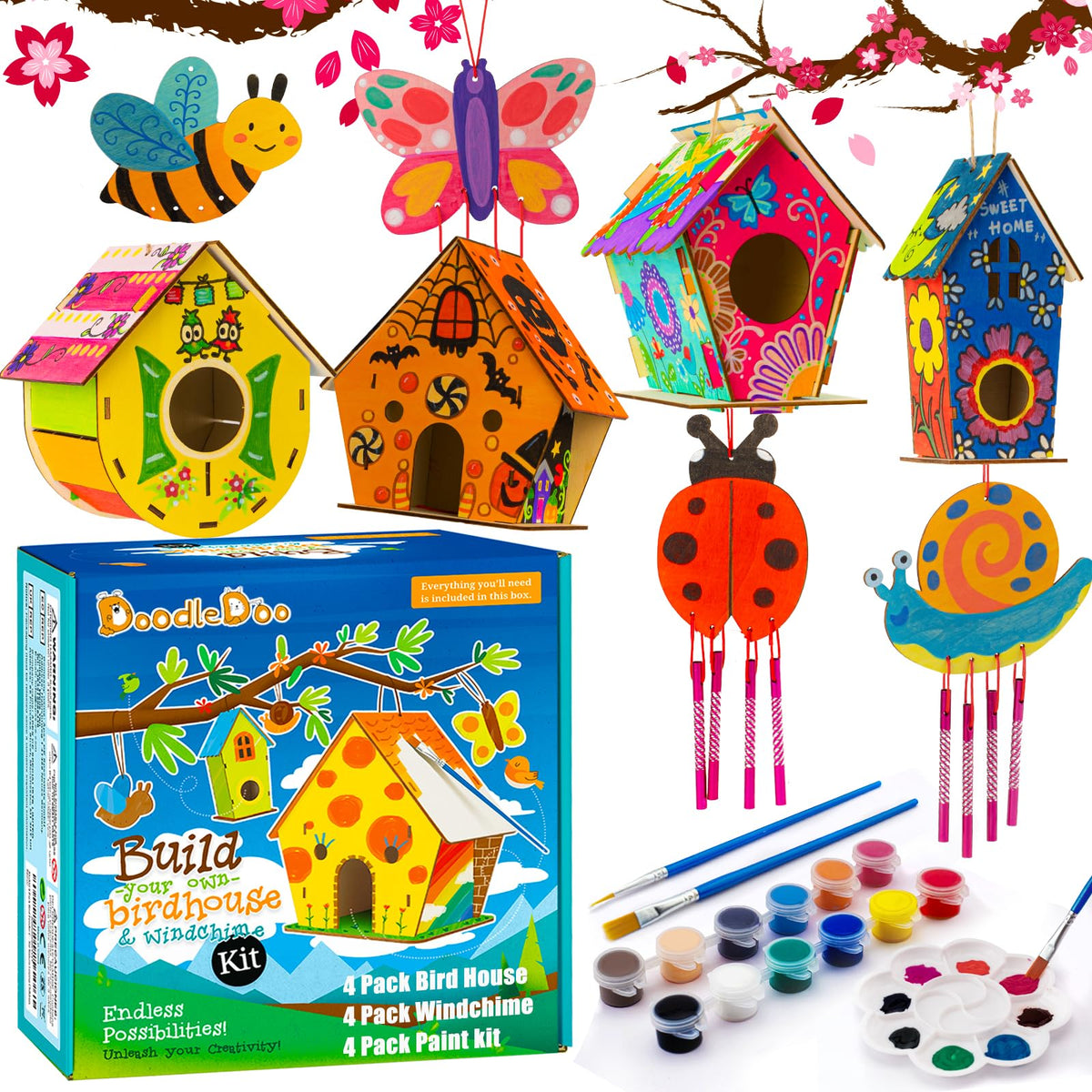 DoodleDoo Birdhouse Kit Contents for kids' crafts, with paints and brushes.