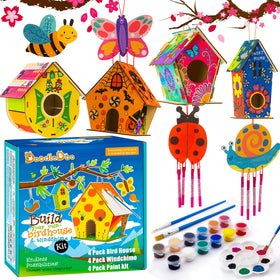 DoodleDoo Birdhouse Kit Contents for kids' crafts, with paints and brushes.