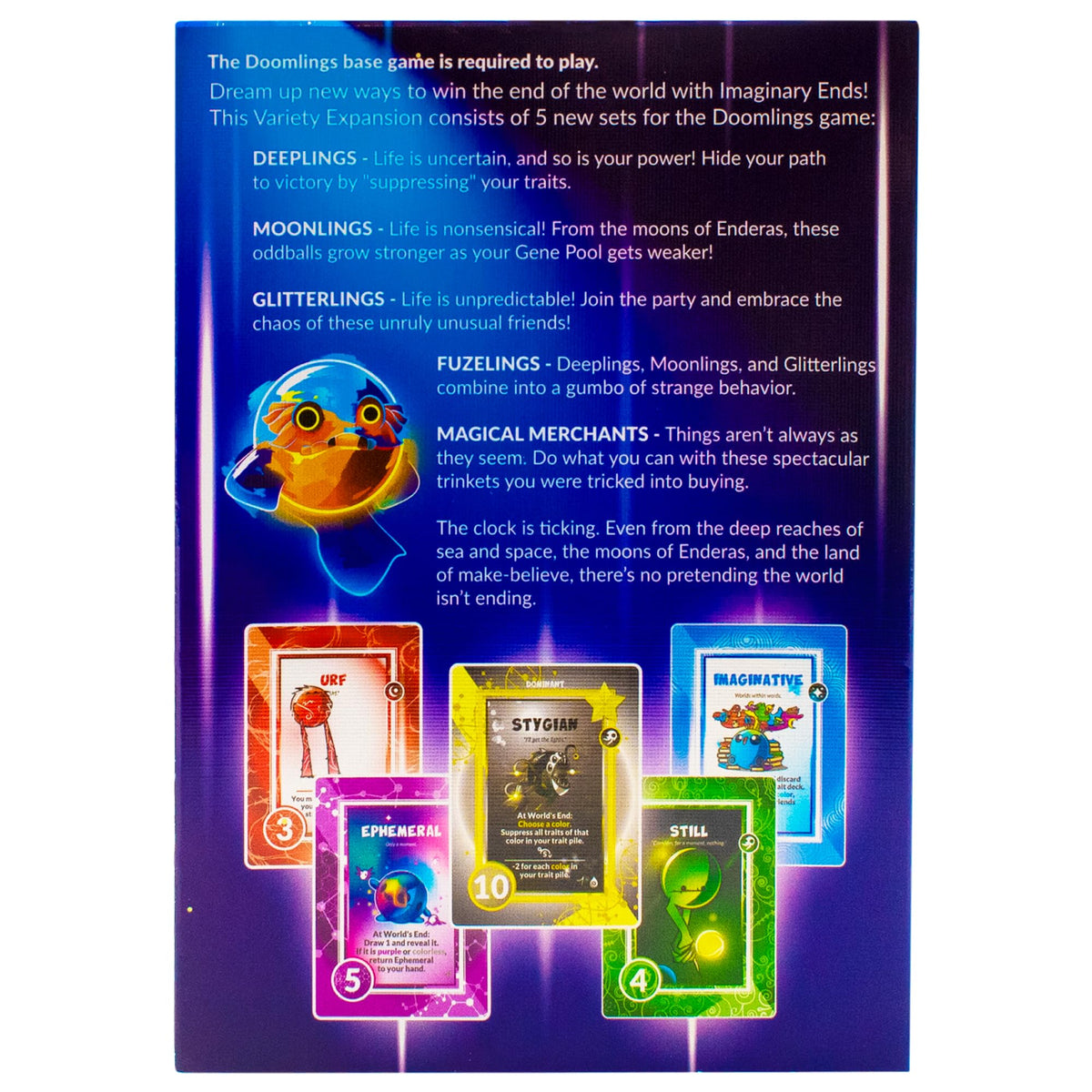 Doomlings Imaginary Ends card spread showing 127 new cards for deeper gameplay.