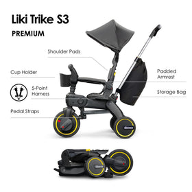Doona Liki Trike S3 Greyhound side view shows canopy and harness for safe rides