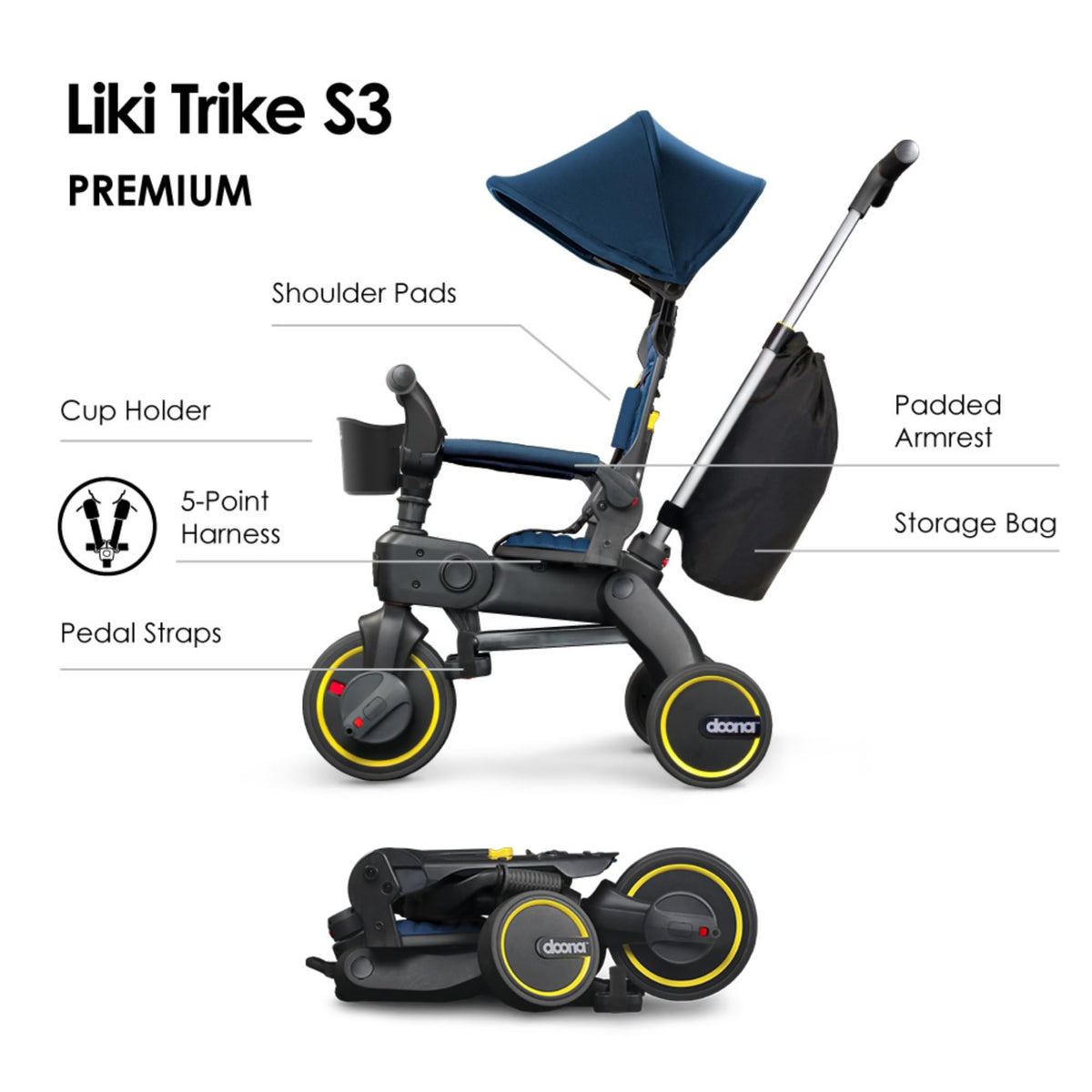 DOONA Liki Trike S3 royal blue showing five modes for growing toddlers