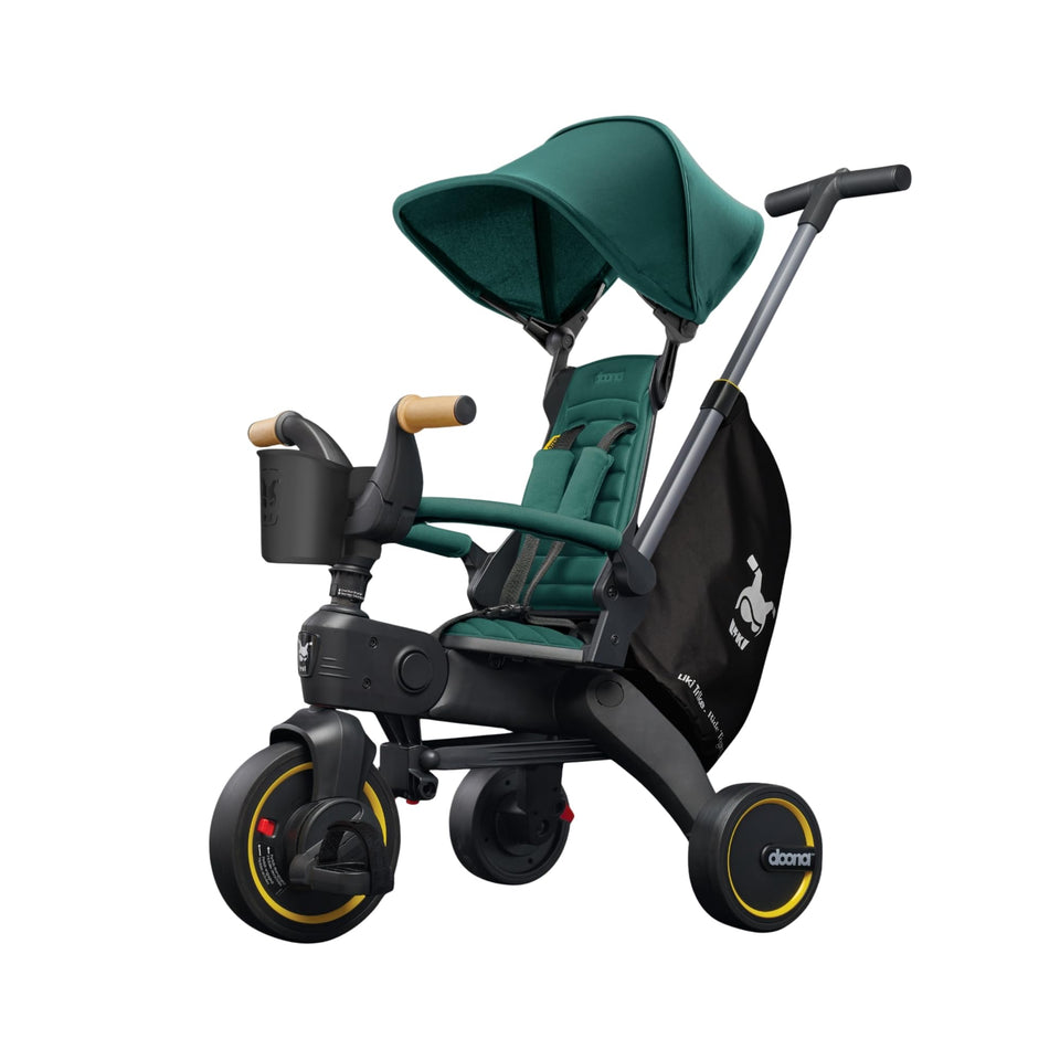 Doona Liki Trike S5 folding action shows quick storage and setup for on-the-go families.