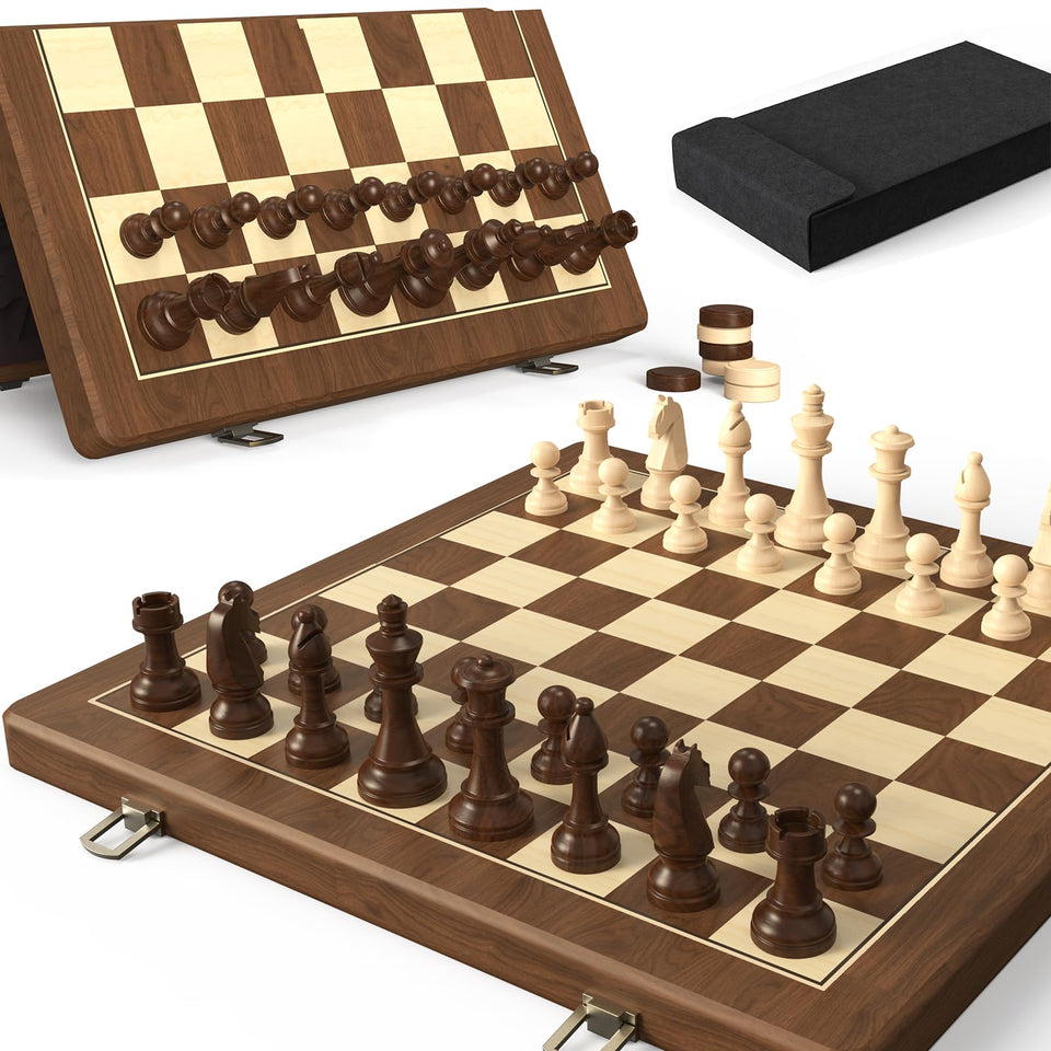 Doowroodni premium walnut folding chess board with magnetic pieces for portable play.