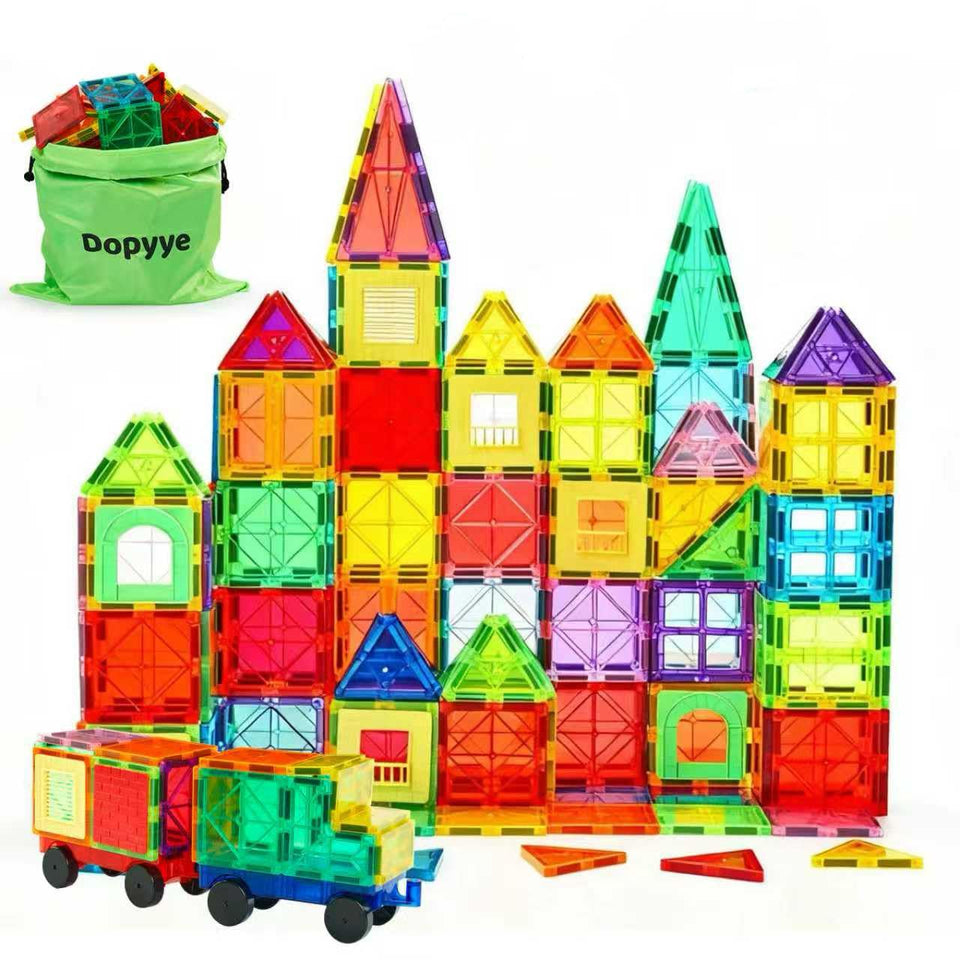 Dopyye magnetic tiles set with vibrant colors for imaginative play and easy storage.