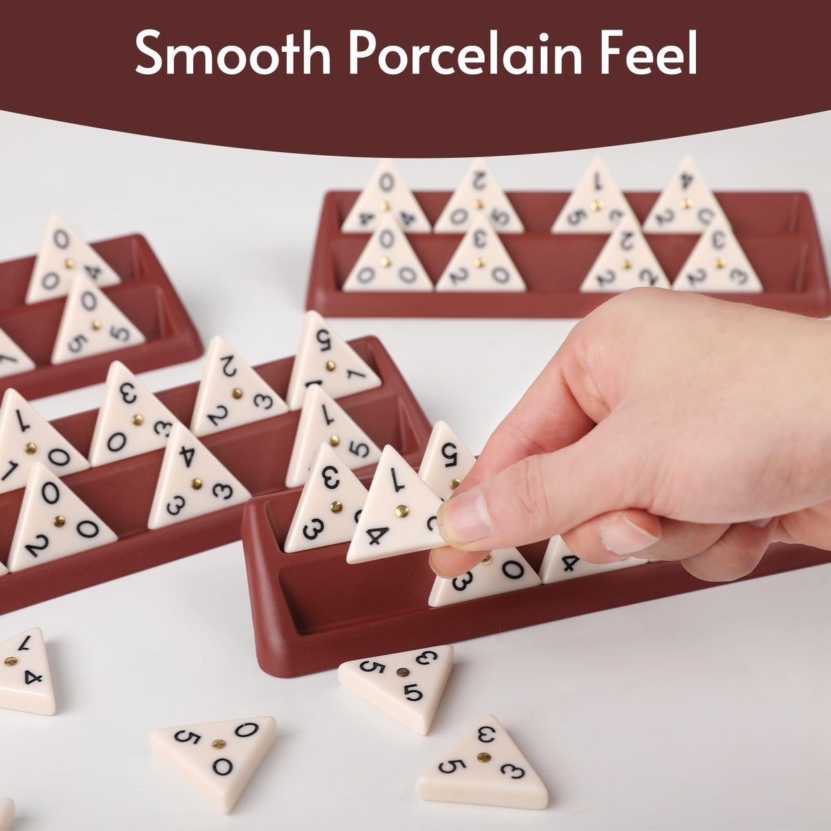 Close-up of Doreimi triangle domino tiles showing smooth melamine surface