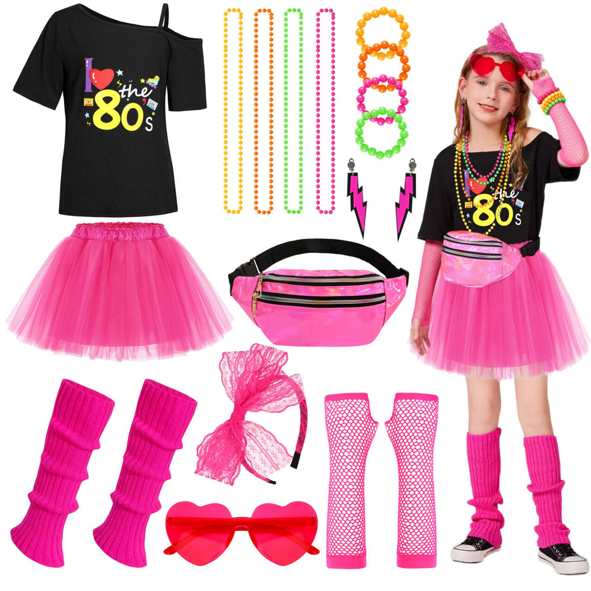 Dormstop girls 80s costume set full view showing complete retro outfit for kids