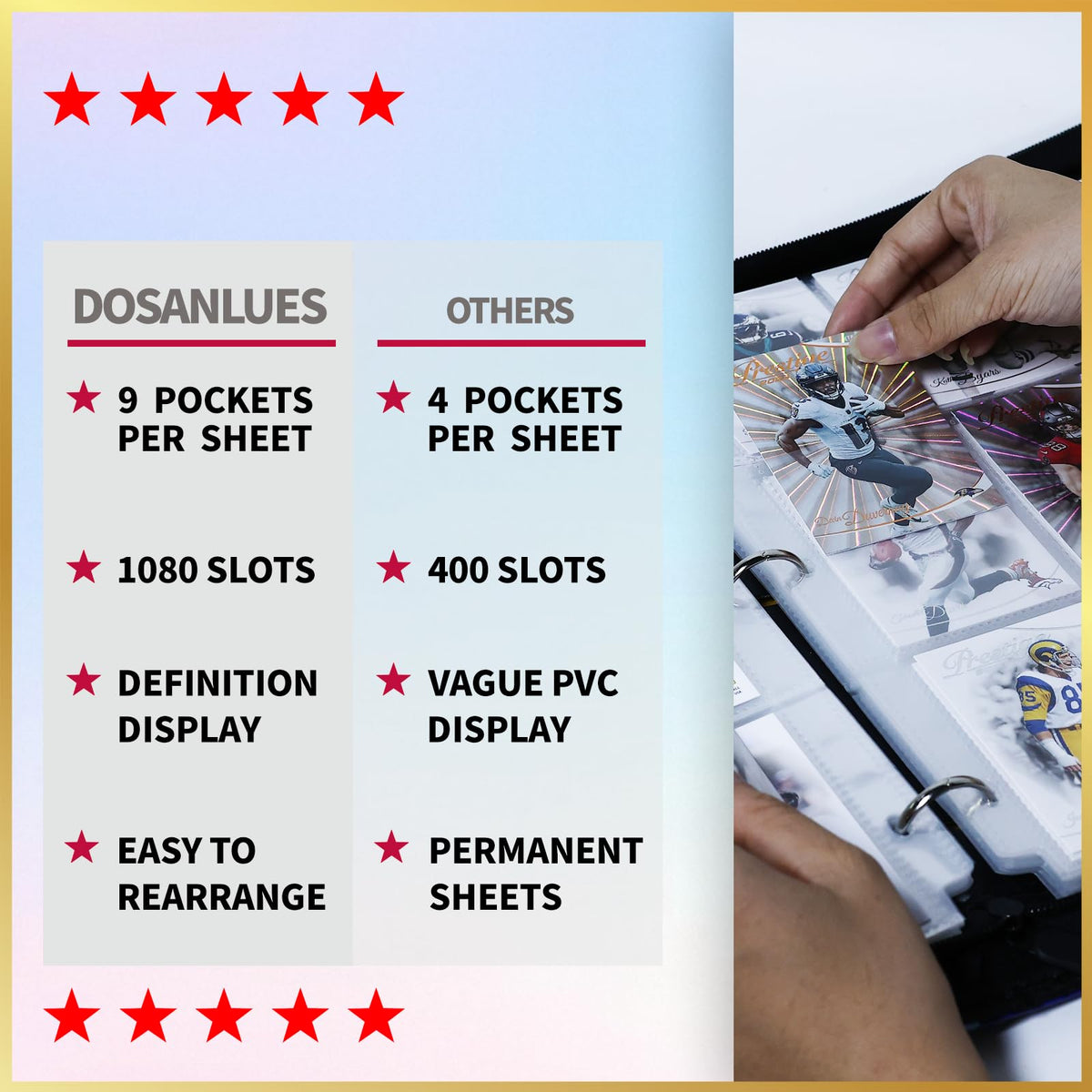 Dosanlues binder pocket-size design supports standard cards and sleeves.