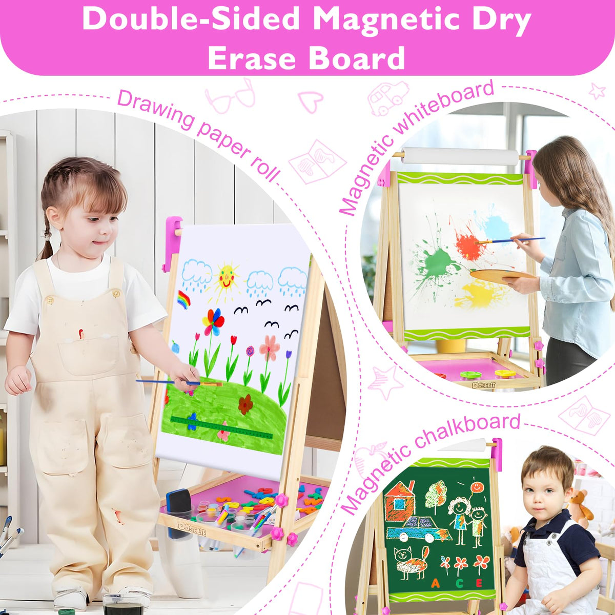 Doselie easel double-sided surface for chalk and whiteboard play