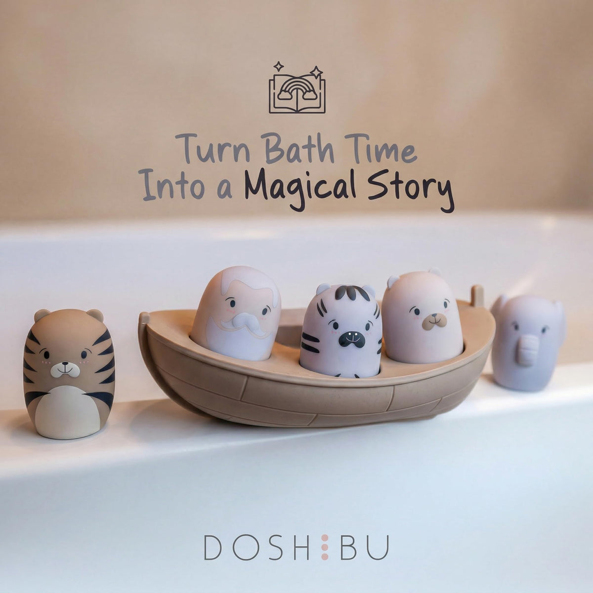 Doshibu Noah's Ark lion toy inspires imaginative bath time adventures.