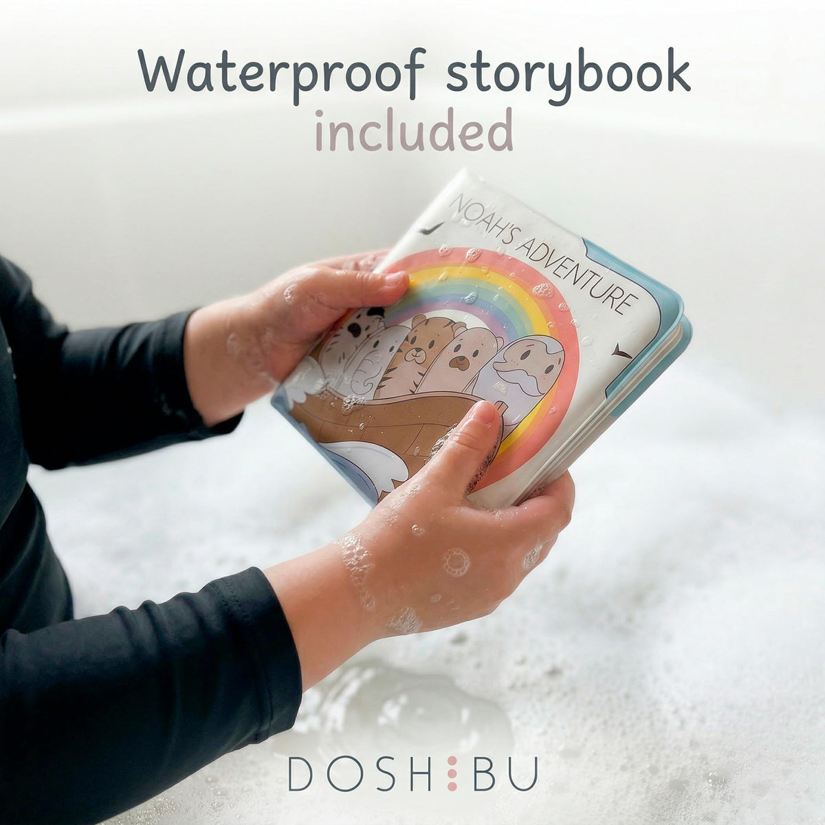 Doshibu Noah's Ark rabbit toy promotes cooperative play in the tub.