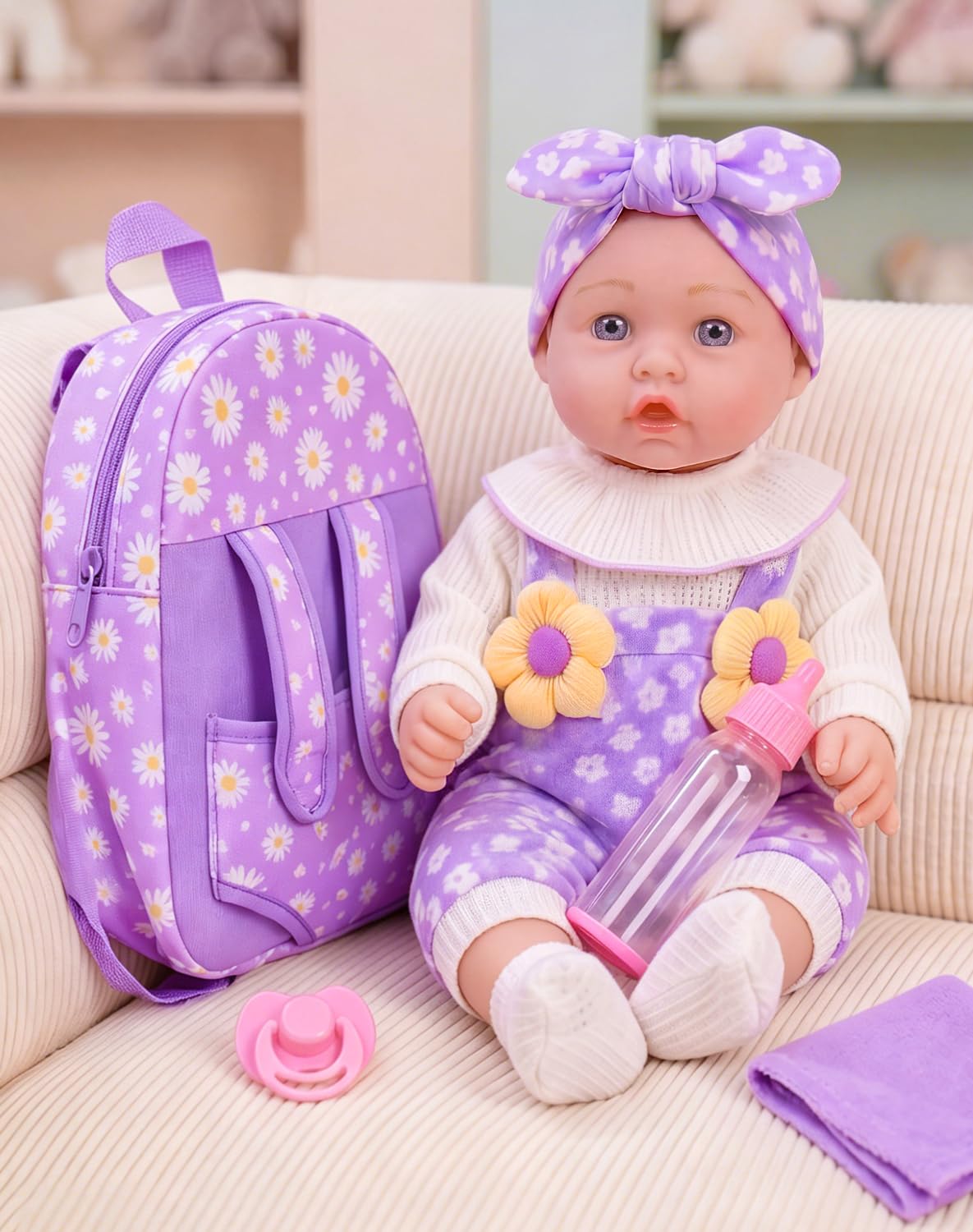 DOTVOSY 12-inch daisy-pattern doll ready for imaginative play and nurturing moments.