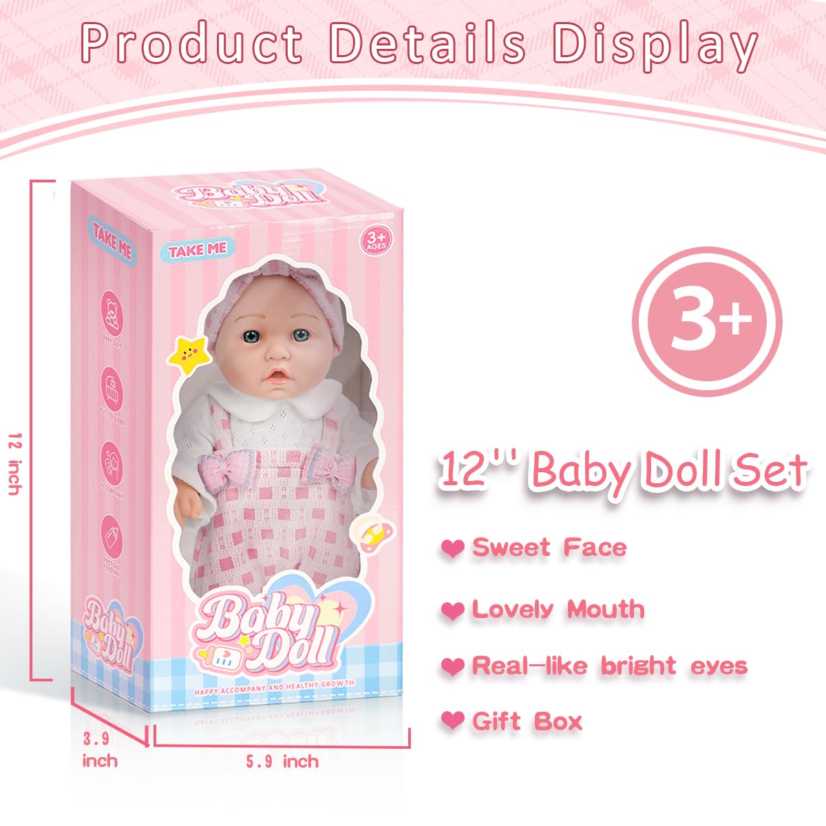 DOTVOSY 12-inch baby doll nestled in a gift box for gifting