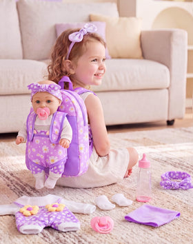 DOTVOSY daisy-backpack carrier shown with doll for on-the-go storytelling.