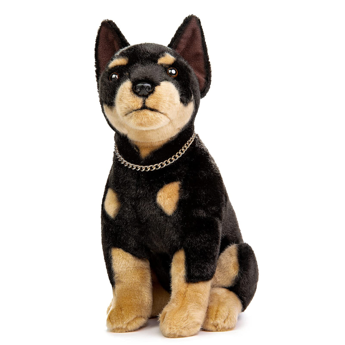 Double Bread Doberman plush toy standing, 12-inch size for cuddling.
