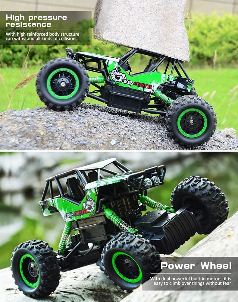 Double E 1:14 scale large RC car headlights on, enhanced night driving.